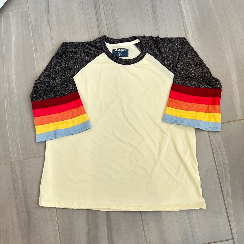 Modcloth Camp Collection bell-sleeve, rainbow ringer tee, size large